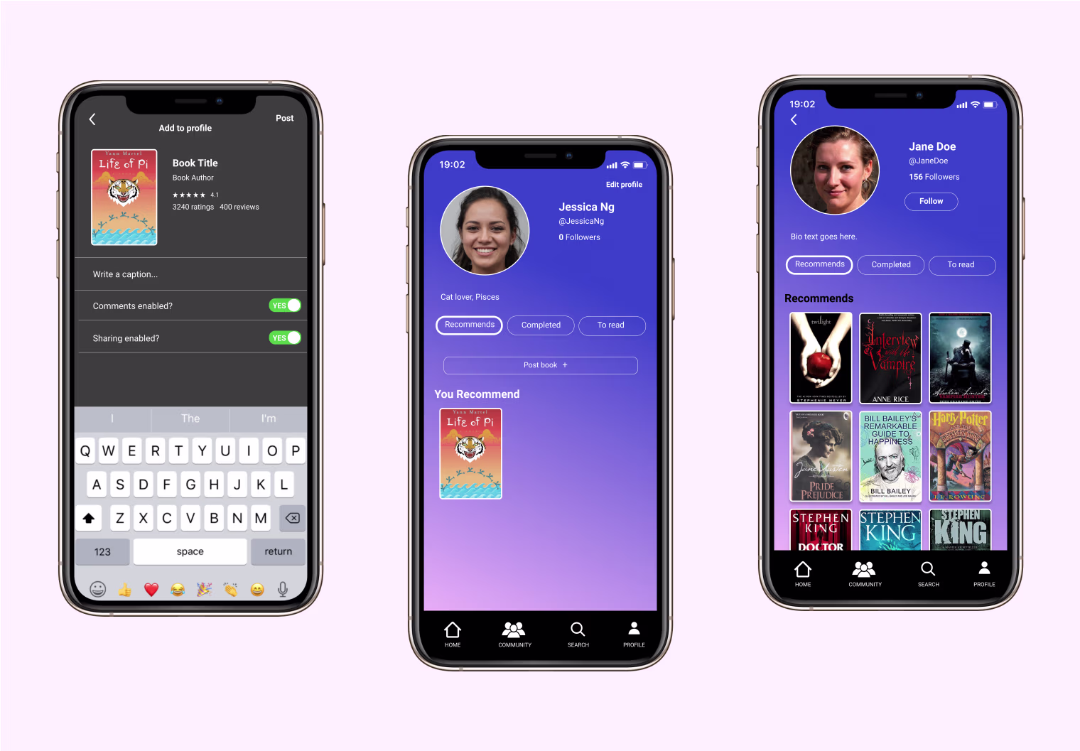 a high fidelity mock up of a user's profile page on the reading app