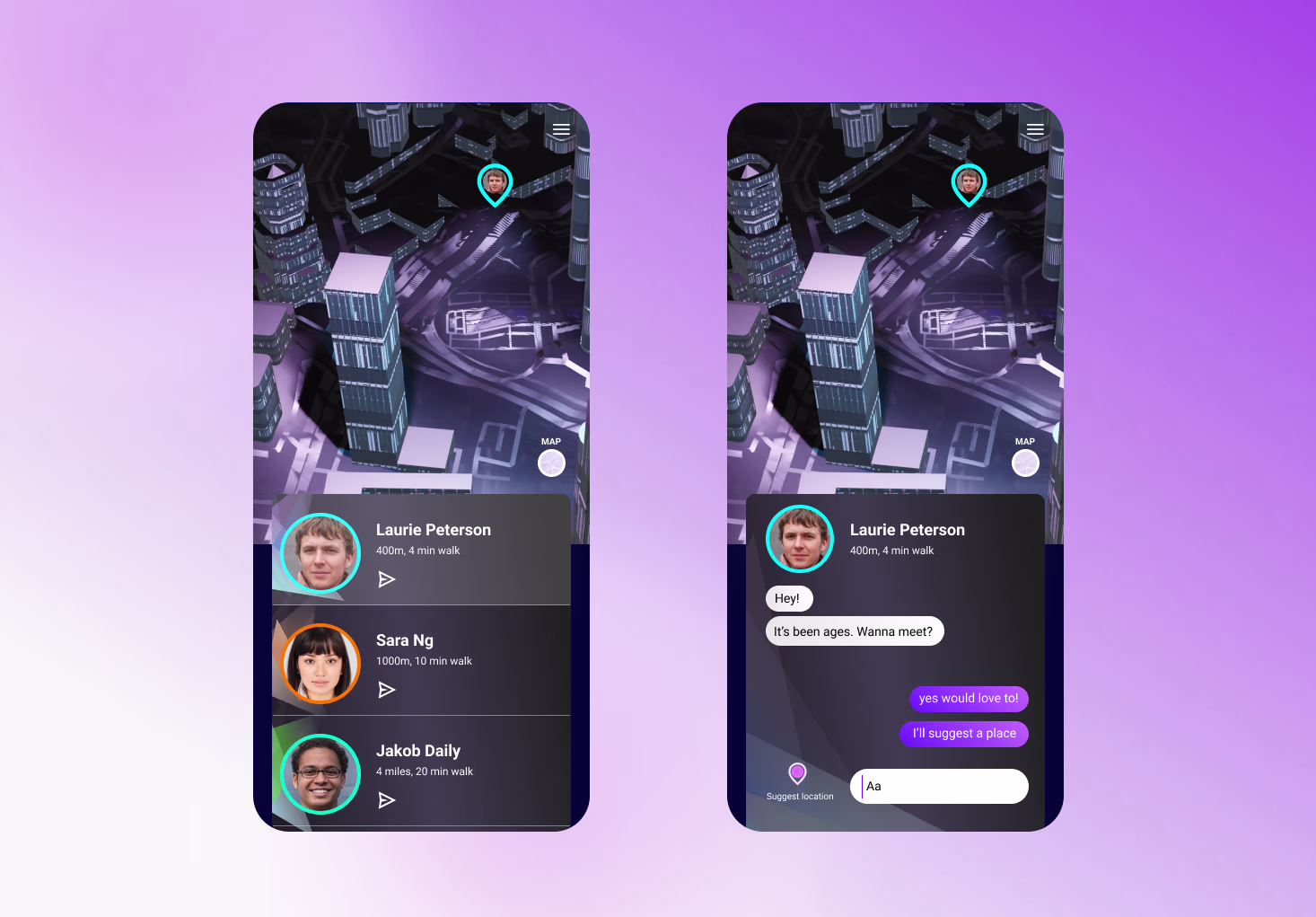 two mobile phones showing a high res mock up of the messenger feature of the city app 